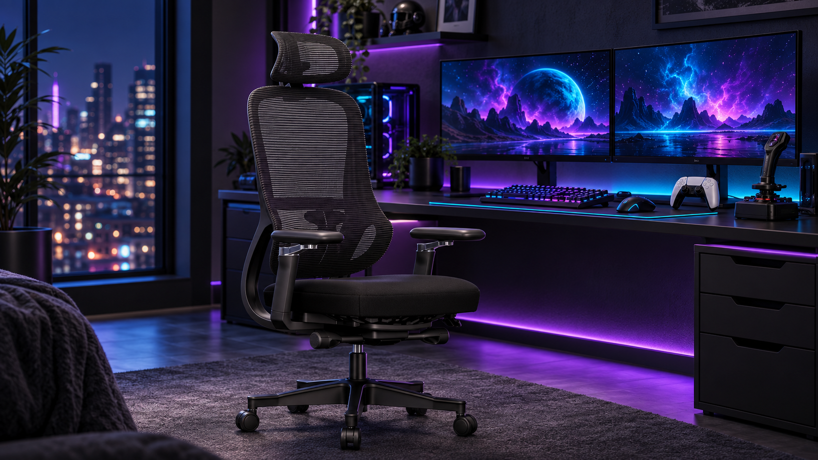 Gaming-room visualisation with a black mesh chair, dual monitors and purple and turquoise lighting